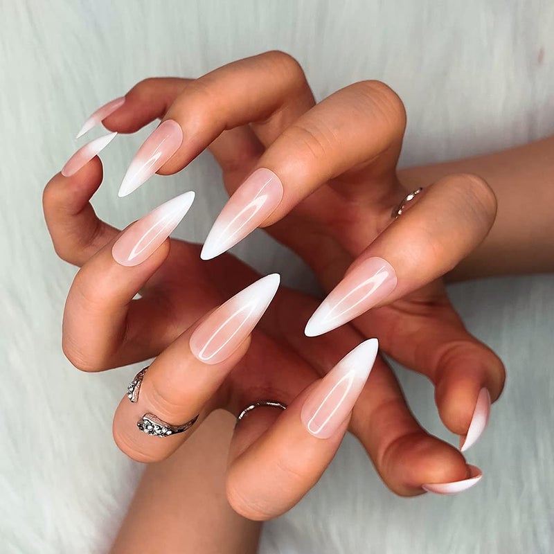 morily 24pcs Fake Nails Matte Pure Color Medium Long Stiletto Almond Press on Nail False Tips Artificial Finger Manicure for Women (French Ombre) - Image 5