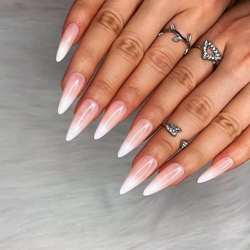morily 24pcs Fake Nails Matte Pure Color Medium Long Stiletto Almond Press on Nail False Tips Artificial Finger Manicure for Women (French Ombre) - Image 1
