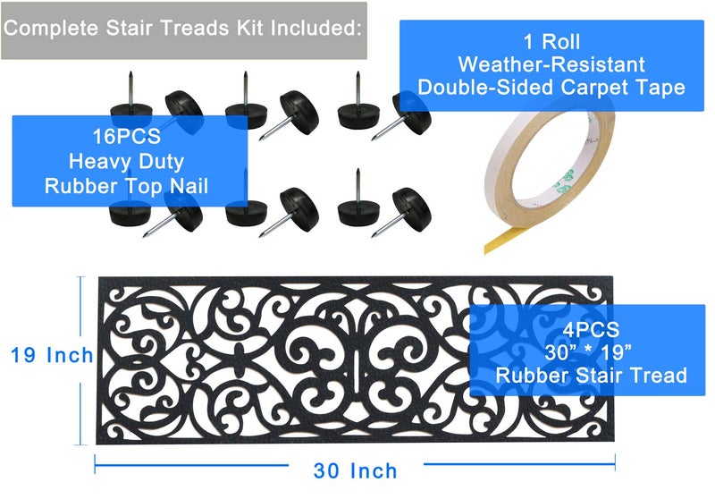 UFelice Rubber Stair Treads, Outdoor Stair Treads Non-Slip, Butterfly Designed Stair Tread Mats, Anti-Slip Step Mat - Set of 4 Include Stay-on-Kit, 30 x 10 Inches - Image 2