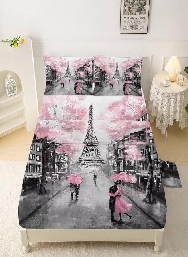 kxry Pink Paris Eiffel Tower Fitted Sheet Sets French Style Flower Bedding Sets Twin Size for Girls Kids Teens Women Bedding Set 1 Fitted Sheet + 1 Flat Sheet + 1 Pillow Case - Image 2
