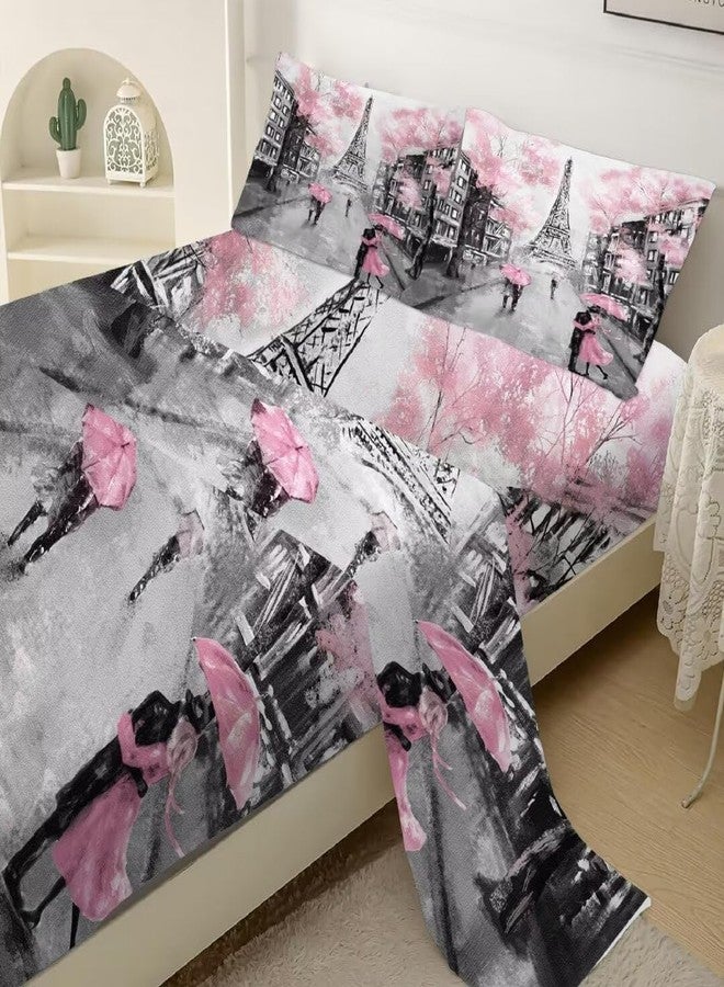 kxry Pink Paris Eiffel Tower Fitted Sheet Sets French Style Flower Bedding Sets Twin Size for Girls Kids Teens Women Bedding Set 1 Fitted Sheet + 1 Flat Sheet + 1 Pillow Case - Image 3