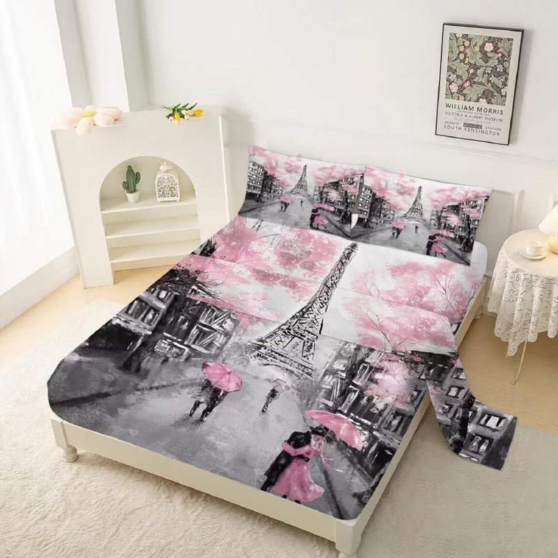 kxry Pink Paris Eiffel Tower Fitted Sheet Sets French Style Flower Bedding Sets Twin Size for Girls Kids Teens Women Bedding Set 1 Fitted Sheet + 1 Flat Sheet + 1 Pillow Case - Image 1