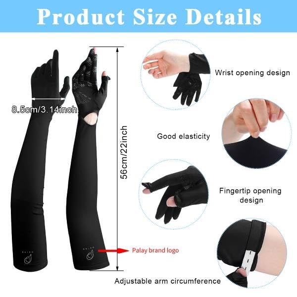 PALAY® UV Protection Arm Sleeves Nylon Ice Silk Arm Sleeves with One Piece Gloves, Open Finger Tip & Anti-slip Palm Design Outdoor Cool Arm Sleeve for Driving, Cycling, Gardening - Black - Image 2