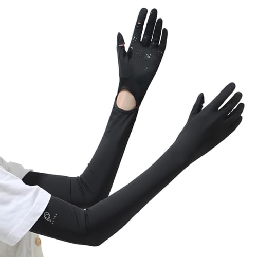 PALAY® UV Protection Arm Sleeves Nylon Ice Silk Arm Sleeves with One Piece Gloves, Open Finger Tip & Anti-slip Palm Design Outdoor Cool Arm Sleeve for Driving, Cycling, Gardening - Black - Image 1