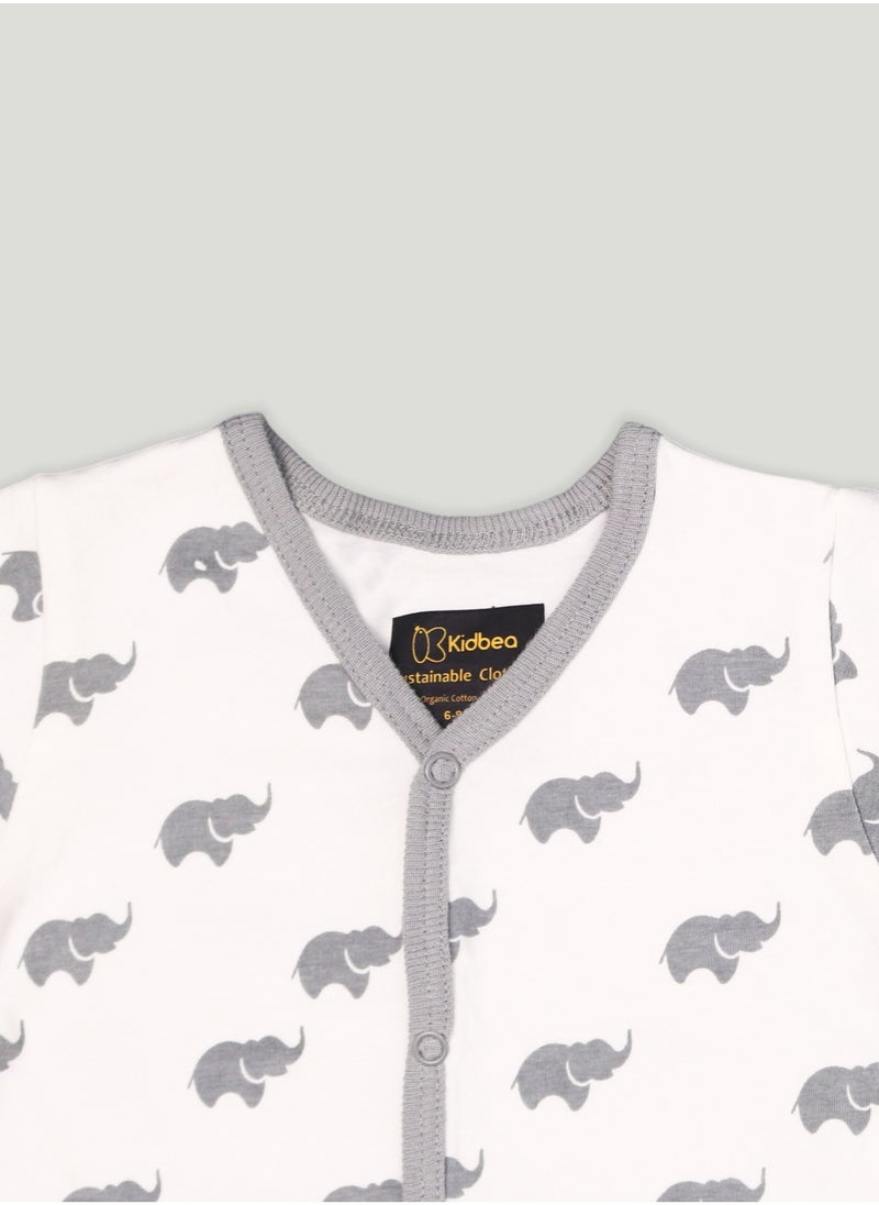 Kidbea - Kidbea  Organic Cotton fabric full sleeves & full buttons romper | Elephant | Grey - Image 1