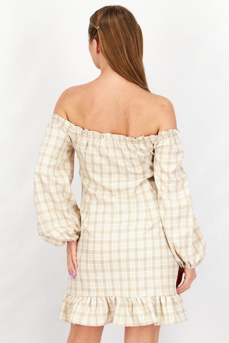 NA-KD Women Checked Off Shoulder Mini Dress, Multicolor - Image 3