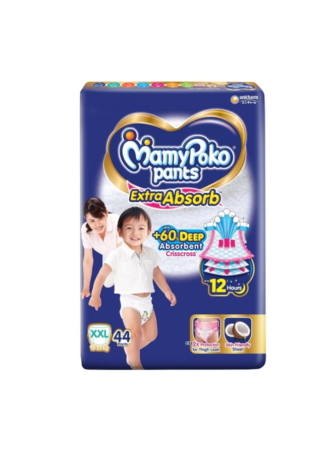 MamyPoko Pants Extra Absorb Baby Diapers, Extra Extra Large (XXL size) | 15-25 kg | 44 Count |Deep Sleep Diapers| Soft gentle fit |Deep Absorbent Crisscross | skin friendly with coconut oil |