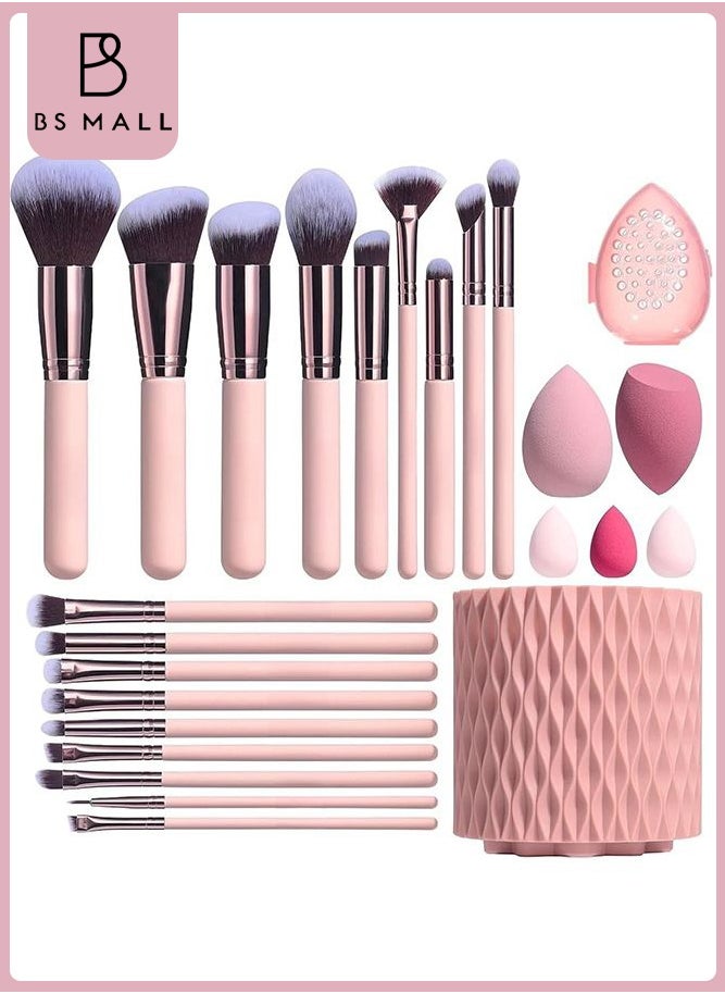 BS Mall - 18 PCS Makeup Brushes, Premium Synthetic Foundation Powder Concealers Eye Shadows Brush Set, With 5 Sponge and Holder Sponge Case (Pink) - Image 1