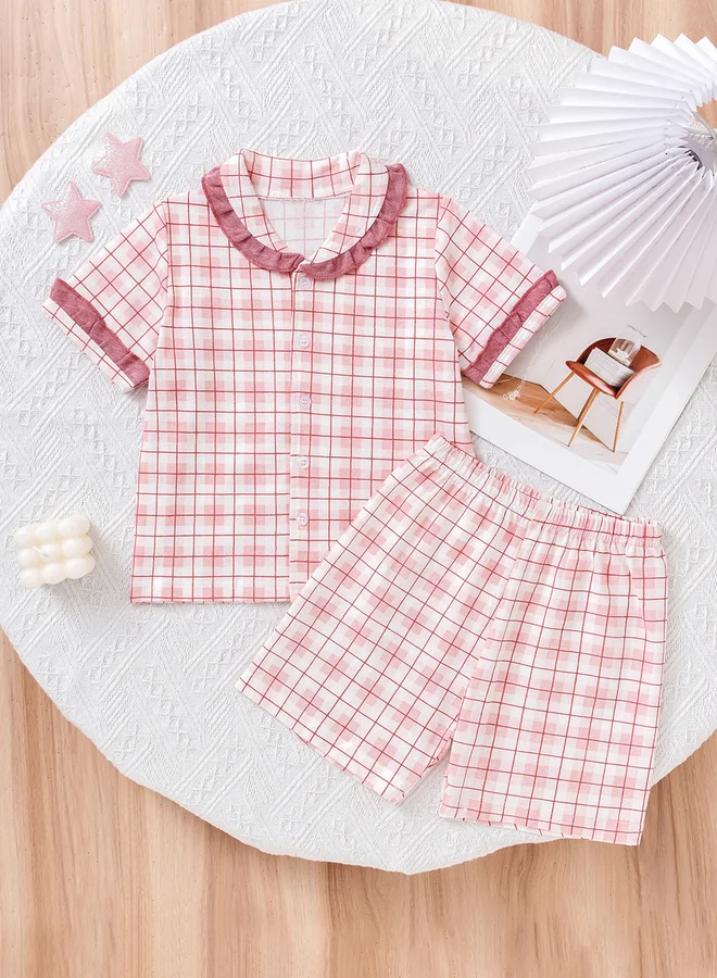 تايك تو طقم منسق من بيجاما بلوزة قطنية بنمط مربعات وشورت