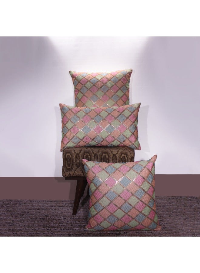 BYFT Orchard Cushion Cover 16 x 16 inch (Diagonal Checks Design ) 40 x 40 cm Luxury Decorative Cushion Cover for Sofa, Bed & Living Room- Set of 2 without inserts - pastel pink, blue, and mint green - Image 1
