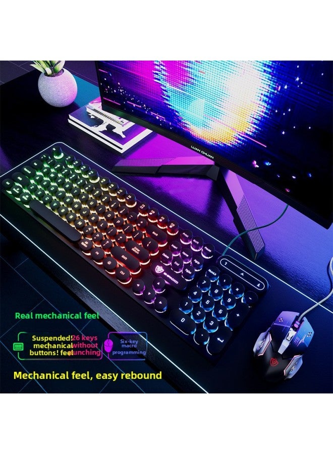 Steampunk Mechanical Feel E-sports Game Office Computer Notebook Desktop Wired Keyboard Mouse Suit Suitable-Color:Character Rainbow Black Punk Keyboard + 6d Macro Mouse