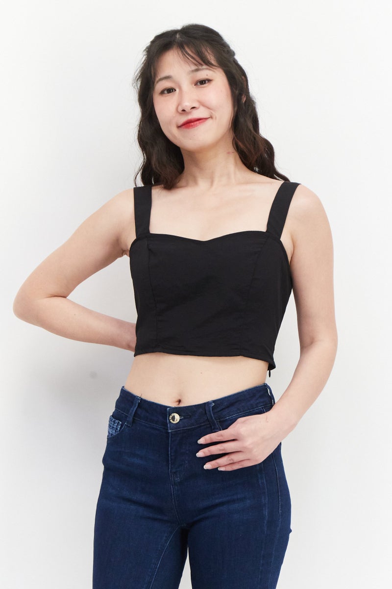 INC Women Square Neck Sleeveless Plain Crop Top, Black - Image 1