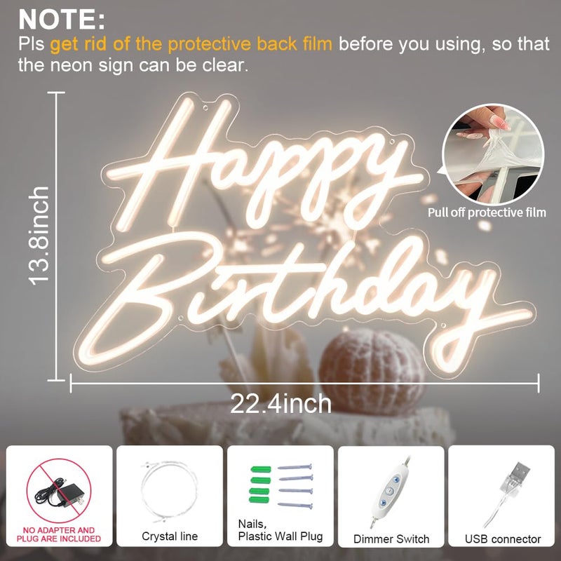 divatla Happy Birthday Neon Sign, 22.4"x13.8" Happy Birthday Sign for Birthday Party Decor, Happy Birthday Light Up Led Signs for Backdrop, Neon Birthday Sign for Any Ages Bday Celebration, Warm White DIVATLA - Image 2