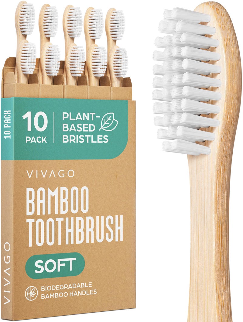 VIVAGO Bamboo Toothbrushes 10 Pack â€“ Natural Toothbrushes, Plant-Based Soft Bristles â€“ Eco-Friendly Wooden Toothbrush - Image 1