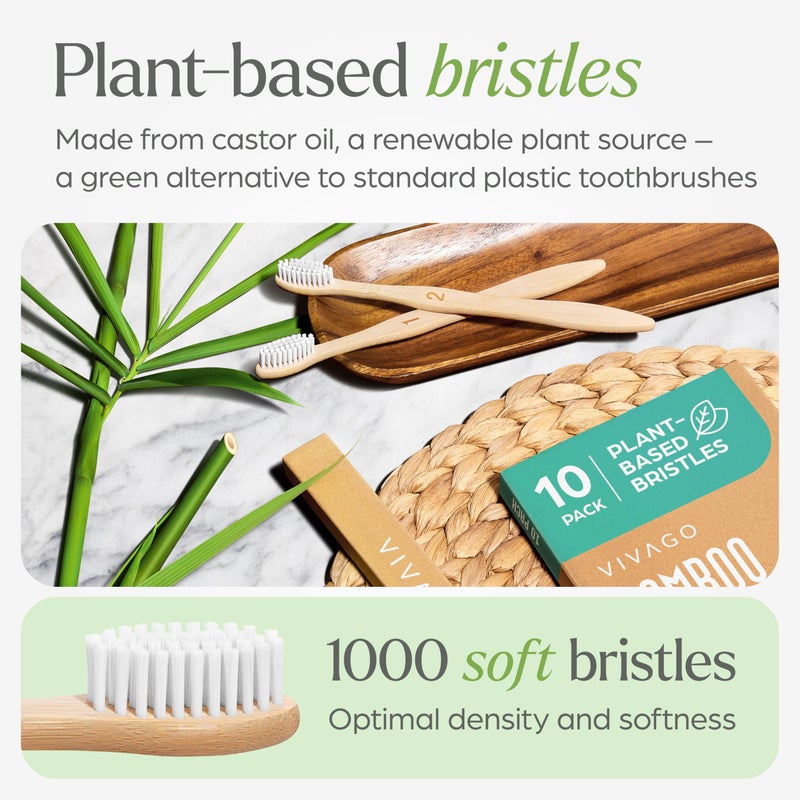 VIVAGO Bamboo Toothbrushes 10 Pack â€“ Natural Toothbrushes, Plant-Based Soft Bristles â€“ Eco-Friendly Wooden Toothbrush - Image 2