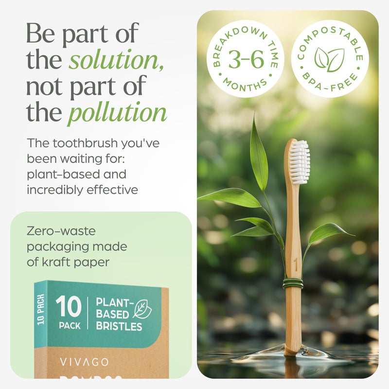VIVAGO Bamboo Toothbrushes 10 Pack â€“ Natural Toothbrushes, Plant-Based Soft Bristles â€“ Eco-Friendly Wooden Toothbrush - Image 3