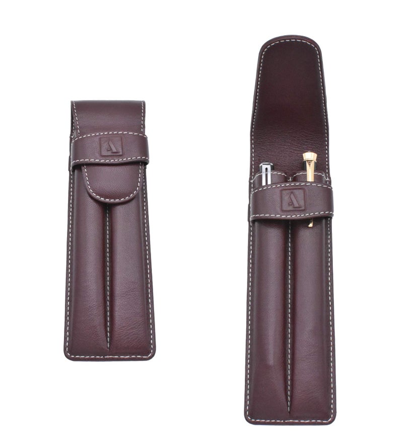 Adamis Leather Handcrafted Double Pen Pouch with Loop |Portable Pen Case for 2 Fountain Pen, Roller Pen, Pen Holder,Pen case |Ideal Gifts for Men,Women,boss,dad 7 inch x 2 inch in W51 Wine - Image 1