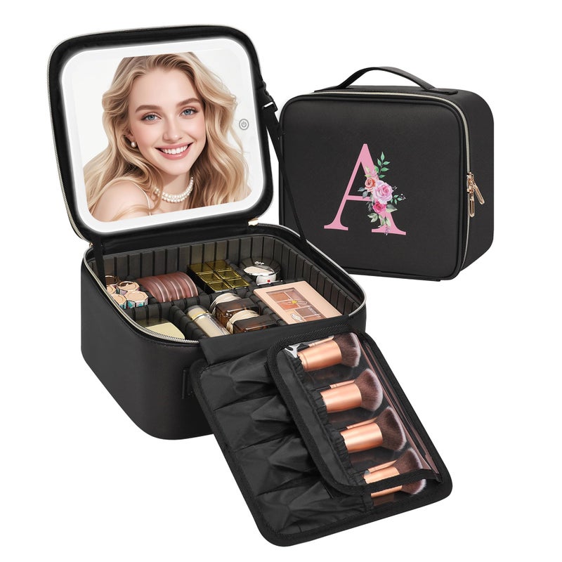 Relavel Valentine's Day Gifts for Teen Girls Women Girlfriend, Initial Makeup Bag with LED Mirror Travel Cosmetic Organizer Train Case for Grandkids Graduation Teacher, Trendy Stuff, Black A - Image 1