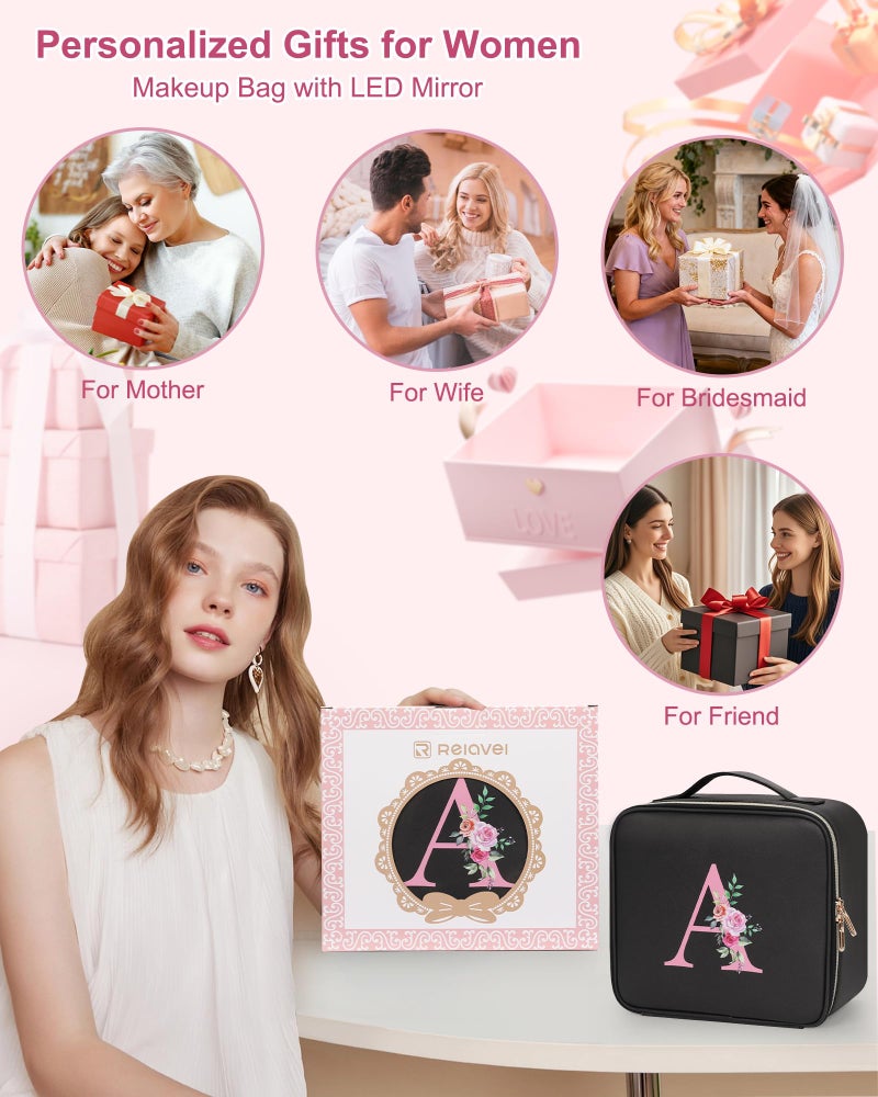 Relavel Valentine's Day Gifts for Teen Girls Women Girlfriend, Initial Makeup Bag with LED Mirror Travel Cosmetic Organizer Train Case for Grandkids Graduation Teacher, Trendy Stuff, Black A - Image 2