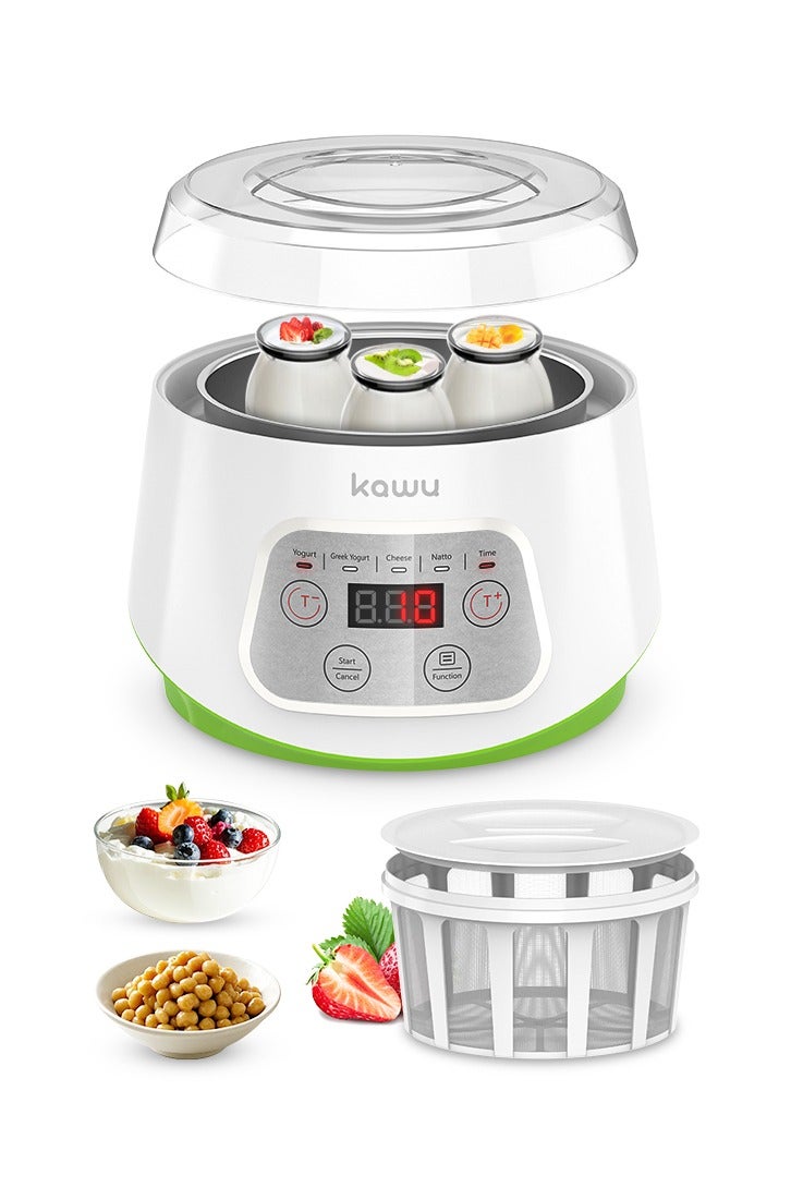 Kawu Yogurt Maker, Compact Greek Yogurt Maker Machine with Timer Control, Strainer, 1L Container, 3 Glass Serving Cups, Constant Temperature, for Home Organic Yogurt, Greek Yogurt, Cheese, Natto - Image 1