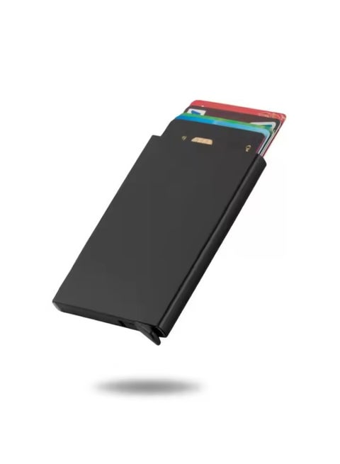 Credit Card Holder Blocking Minimalist Slim Metal Case for Men Women, Automatic Pop-up Card Side Push Card Sleeve PU Metal Aluminum Shell RFID Card Sleeve with Multi Capacity Storage Black
