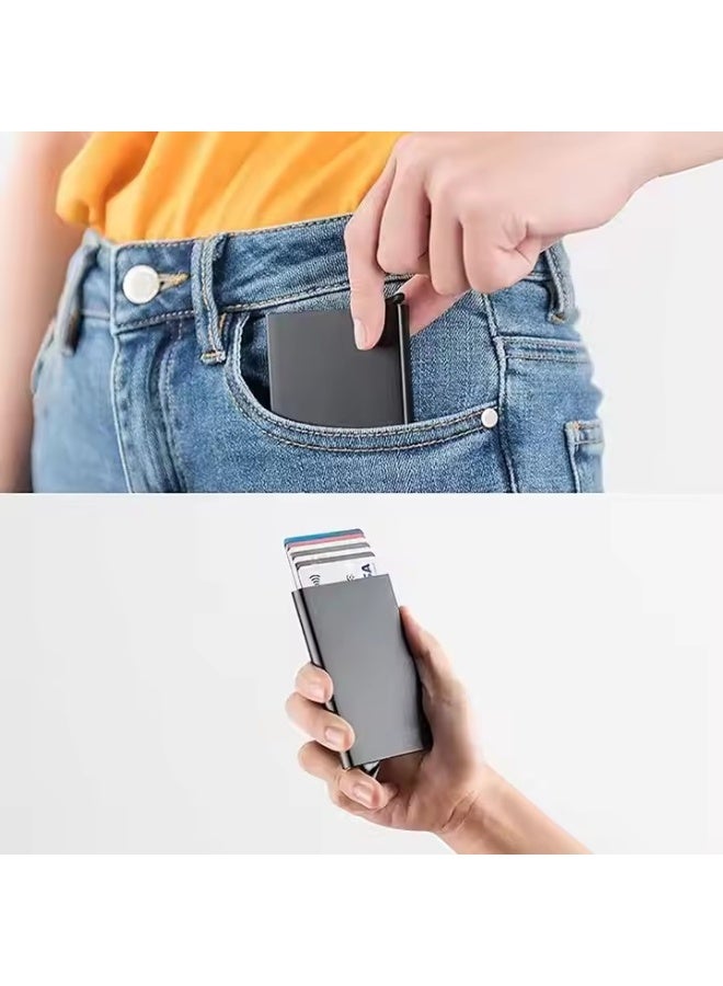 WAOKN Credit Card Holder Blocking Minimalist Slim Metal Case for Men Women, Automatic Pop-up Card Side Push Card Sleeve PU Metal Aluminum Shell RFID Card Sleeve with Multi Capacity Storage Black - Image 4