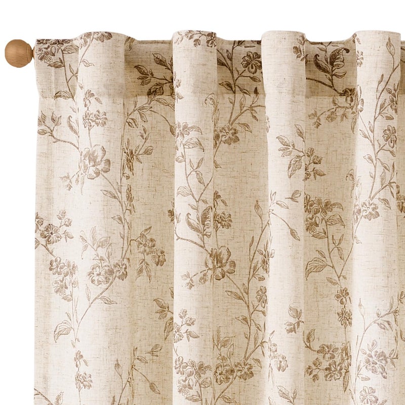 Lazzzy Taupe Floral Linen Curtains 84 Inch Farmhouse Back Tab Drapes for Living Room Bedroom Light Filtering Vintage Grandmillennial Rod Pocket Curtains, 2 Panels, W38 x L84, Taupe on Beige - Image 1