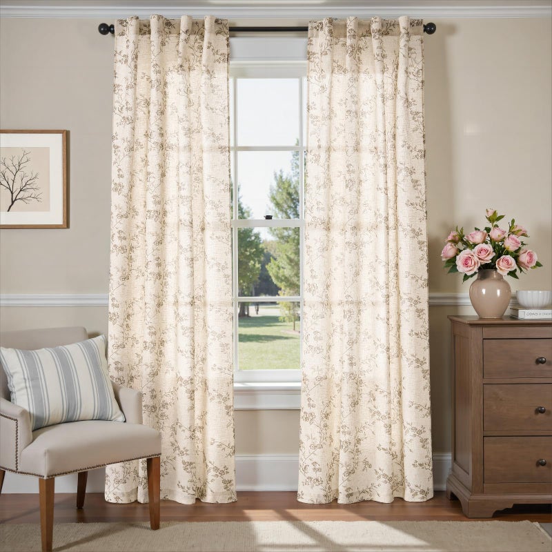 Lazzzy Taupe Floral Linen Curtains 84 Inch Farmhouse Back Tab Drapes for Living Room Bedroom Light Filtering Vintage Grandmillennial Rod Pocket Curtains, 2 Panels, W38 x L84, Taupe on Beige - Image 2