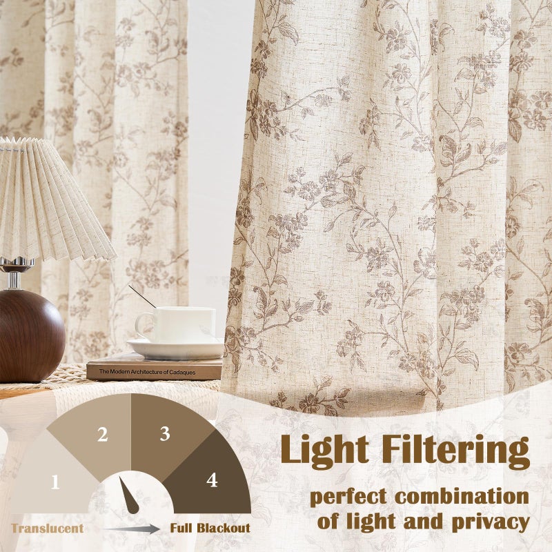 Lazzzy Taupe Floral Linen Curtains 84 Inch Farmhouse Back Tab Drapes for Living Room Bedroom Light Filtering Vintage Grandmillennial Rod Pocket Curtains, 2 Panels, W38 x L84, Taupe on Beige - Image 3