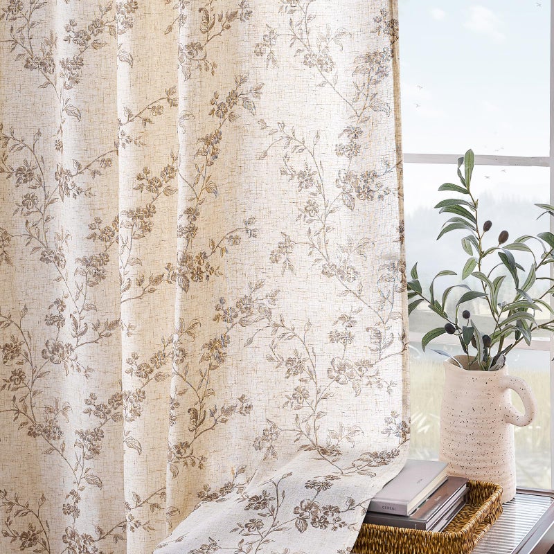 Lazzzy Taupe Floral Linen Curtains 84 Inch Farmhouse Back Tab Drapes for Living Room Bedroom Light Filtering Vintage Grandmillennial Rod Pocket Curtains, 2 Panels, W38 x L84, Taupe on Beige - Image 5