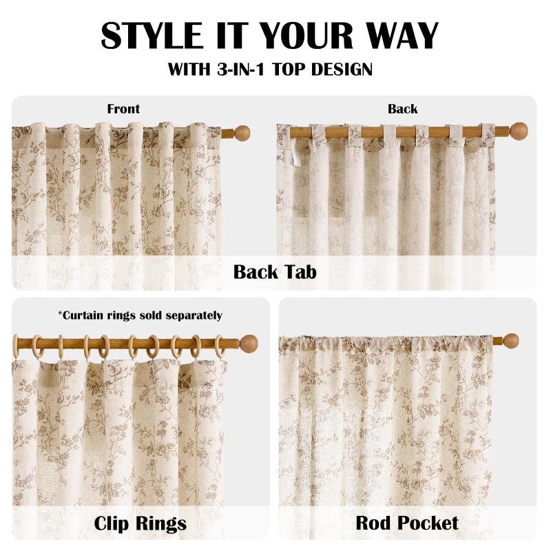 Lazzzy Taupe Floral Linen Curtains 84 Inch Farmhouse Back Tab Drapes for Living Room Bedroom Light Filtering Vintage Grandmillennial Rod Pocket Curtains, 2 Panels, W38 x L84, Taupe on Beige - Image 4