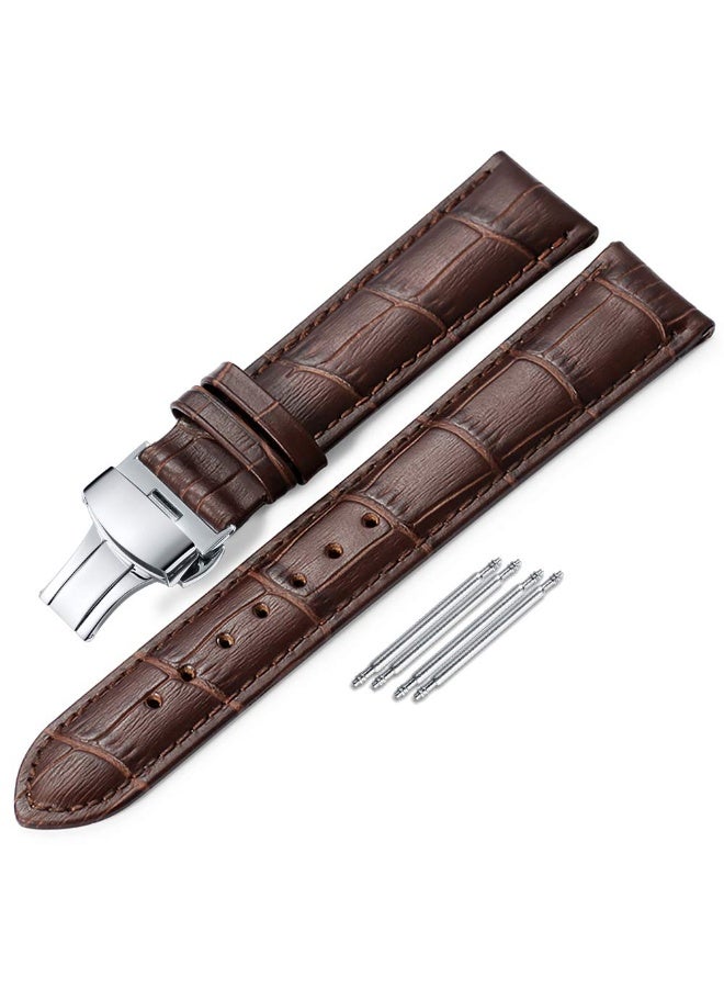Leather Watch Band Alligator Grain Embossed Calfskin with Stainless Steel Deployment Buckle for Men Women, 18mm-24mm - Image 1