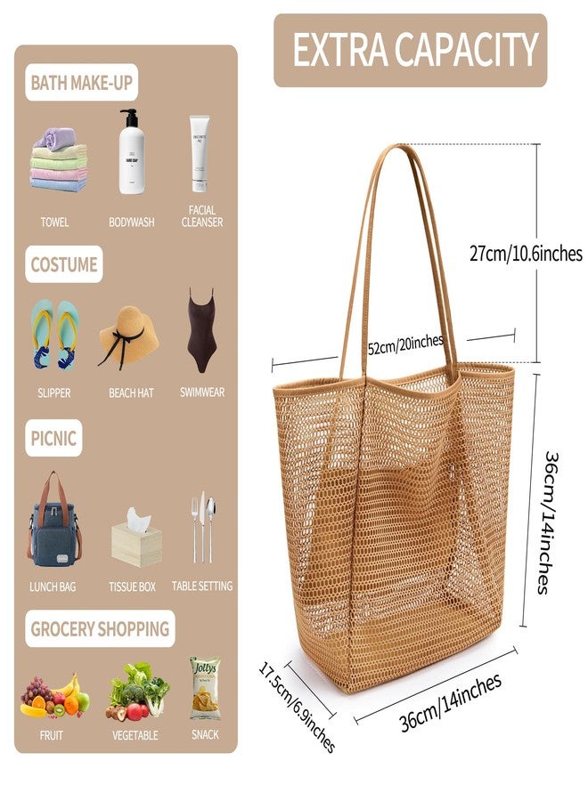 VOROLO Mesh Tote Beach Bag,Women Fairycore Hobo Bag,Shoulder Bag,Soft Summer Casual Crochet Bags(Khaki) - Image 3