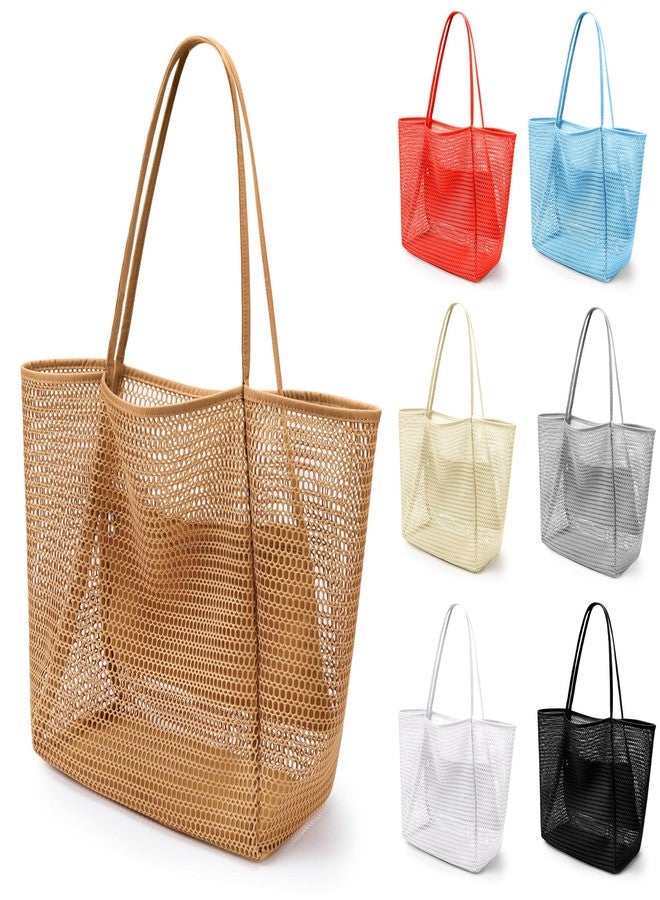 VOROLO Mesh Tote Beach Bag,Women Fairycore Hobo Bag,Shoulder Bag,Soft Summer Casual Crochet Bags(Khaki) - Image 1