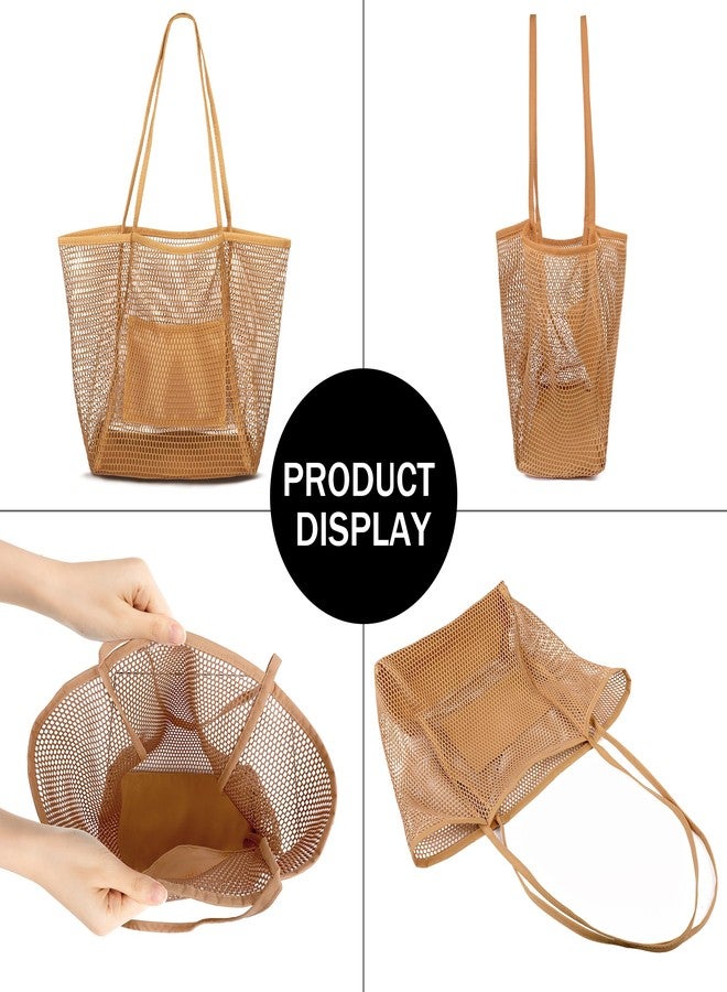 VOROLO Mesh Tote Beach Bag,Women Fairycore Hobo Bag,Shoulder Bag,Soft Summer Casual Crochet Bags(Khaki) - Image 5