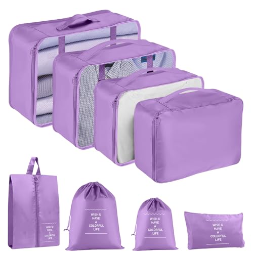 YEEYAA Packing Cubes for Travel 8 Set Luggage Organizer Bags for Family Mesh Breathable Travel Packing Cubes for Suitcases Durable Travel Essentials Bags Set Purple 8 Set - Image 1