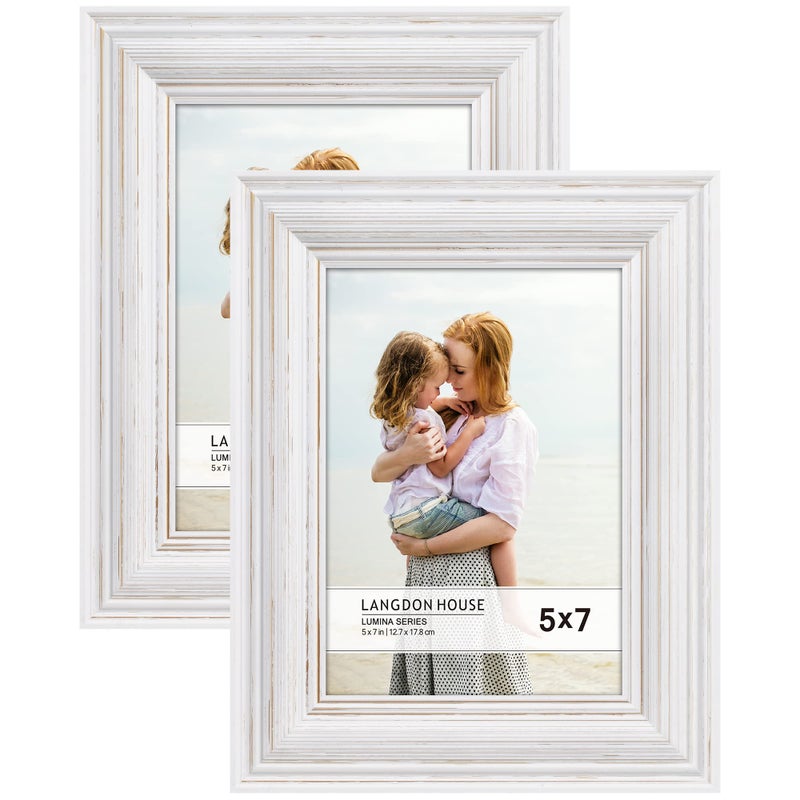 Langdon House 5x7 Real Wood Picture Frames Weathered White  Gold Accents 2 Pack French Country Style Wooden Photo Frame 5 x 7 Lumina Collection