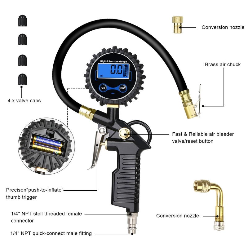 URAQT URAQT Digital Tire Pressure Gauge, 220 PSI Tire Pressure Gauge with LCD Screen, Heavy Duty Tire Pump, Air Tools with Rubber Hose and Quick Coupling, Air Holder, Compressor Accessories - Image 2