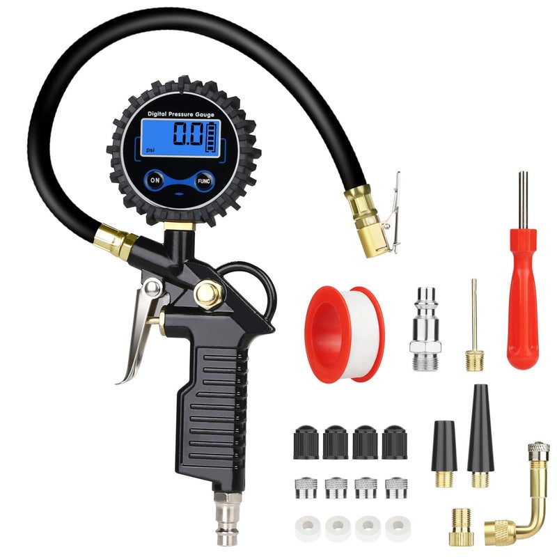 URAQT URAQT Digital Tire Pressure Gauge, 220 PSI Tire Pressure Gauge with LCD Screen, Heavy Duty Tire Pump, Air Tools with Rubber Hose and Quick Coupling, Air Holder, Compressor Accessories - Image 1