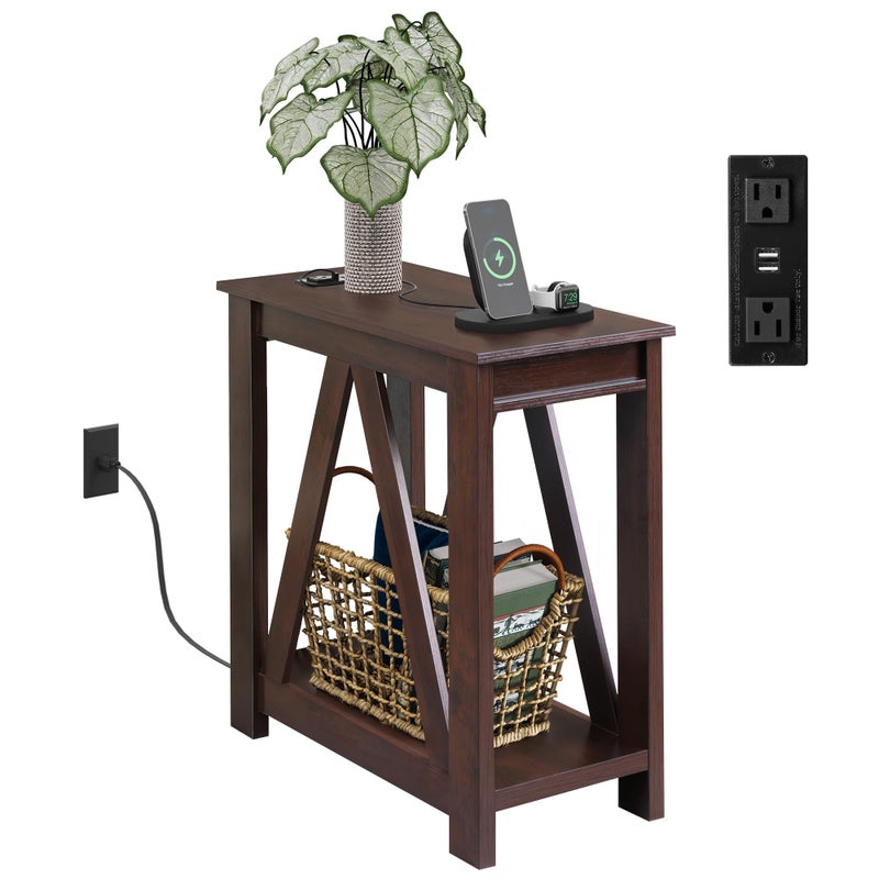 WLIVE Narrow End Table with Charging Station of Open Storage Shelfï¼ŒSofa Side Table with 2 USB Ports and 2 Power Outletsï¼ŒSlim Farmhouse End Table for Small Spaces, 11.8" D x 23.6" W x 23.74" H - Image 1