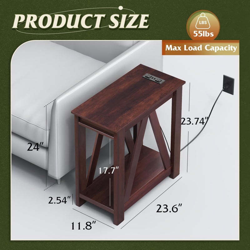WLIVE Narrow End Table with Charging Station of Open Storage Shelfï¼ŒSofa Side Table with 2 USB Ports and 2 Power Outletsï¼ŒSlim Farmhouse End Table for Small Spaces, 11.8" D x 23.6" W x 23.74" H - Image 3