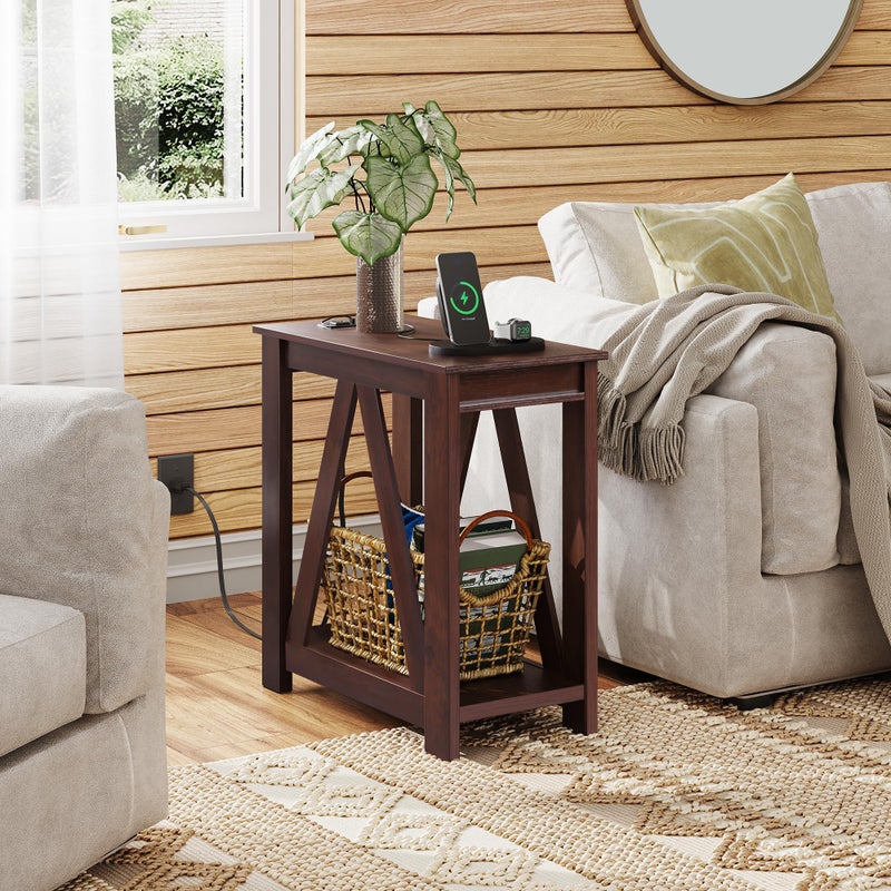 WLIVE Narrow End Table with Charging Station of Open Storage Shelfï¼ŒSofa Side Table with 2 USB Ports and 2 Power Outletsï¼ŒSlim Farmhouse End Table for Small Spaces, 11.8" D x 23.6" W x 23.74" H - Image 2