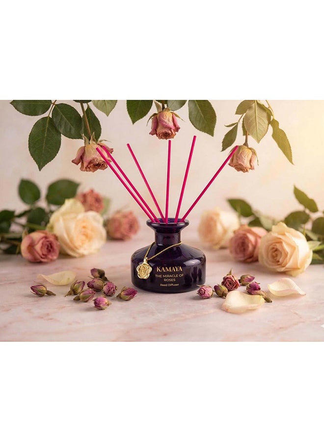 KAMAYA 150 ml Reed diffuser in black jar, with a handmade metal decorative pendant | Long lasting fragrance, Rose fragrance with two sets of reeds | in bright decorative gift box for occasions - Image 5