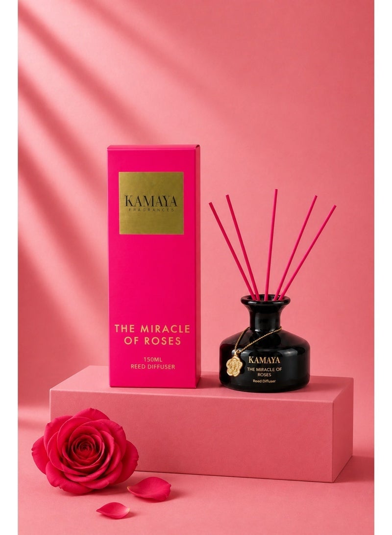 KAMAYA 150 ml Reed diffuser in black jar, with a handmade metal decorative pendant | Long lasting fragrance, Rose fragrance with two sets of reeds | in bright decorative gift box for occasions - Image 1