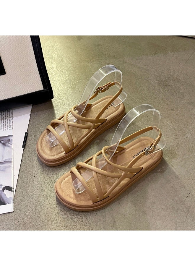 NIBEMINENT Women's Solid Color Flat Bottom Sandals Student Style Korean Simple Tweed Beach Shoes Cool And Comfortable  - Image 1