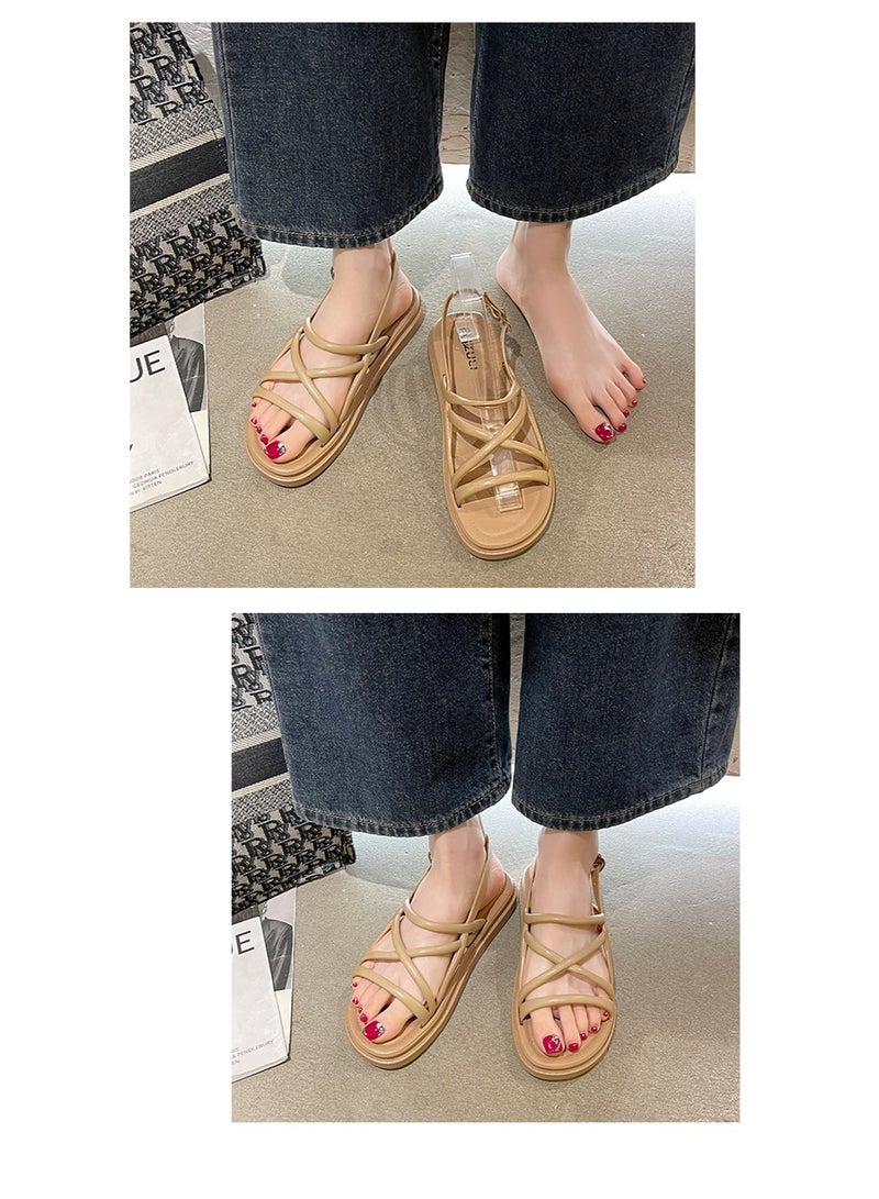 NIBEMINENT Women's Solid Color Flat Bottom Sandals Student Style Korean Simple Tweed Beach Shoes Cool And Comfortable  - Image 2