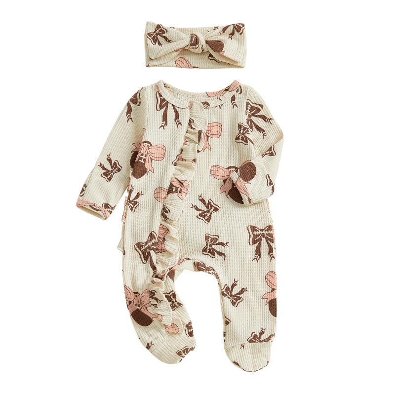 Ayalinggo Newborn Baby Romper Infant Girl One-piece Outfit Waffle Ruffle Zip Footie Spring Summer Clothes With Bow Headband Brown Football Newborn - Image 1