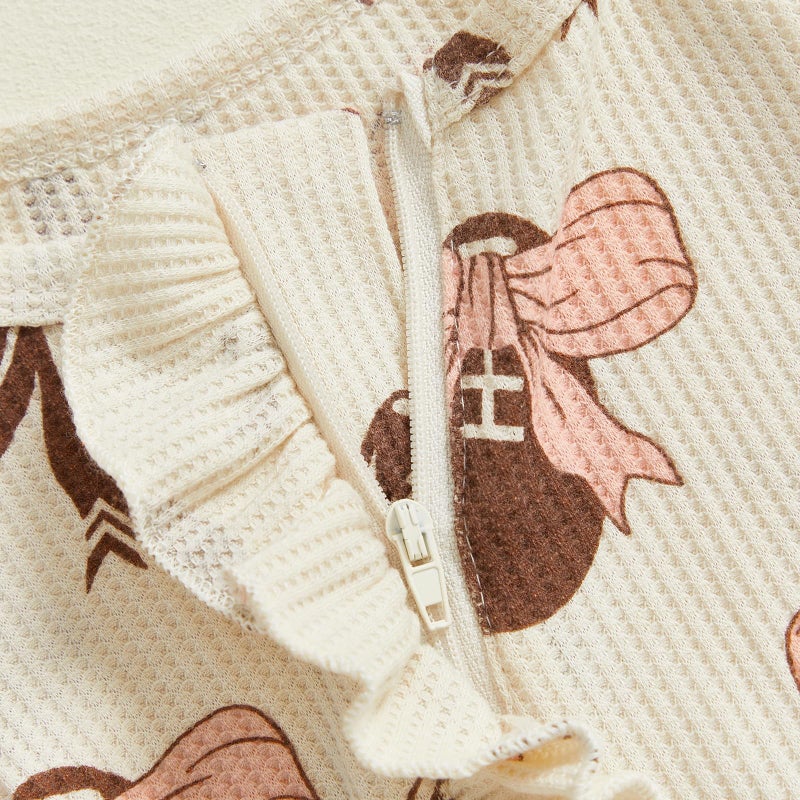 Ayalinggo Newborn Baby Romper Infant Girl One-piece Outfit Waffle Ruffle Zip Footie Spring Summer Clothes With Bow Headband Brown Football Newborn - Image 4