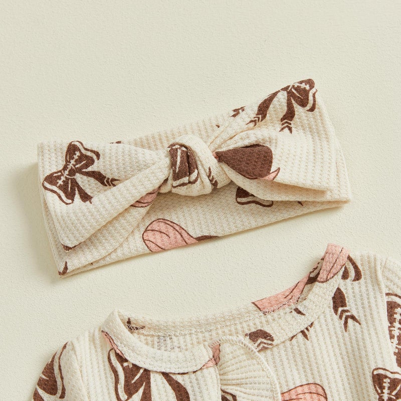 Ayalinggo Newborn Baby Romper Infant Girl One-piece Outfit Waffle Ruffle Zip Footie Spring Summer Clothes With Bow Headband Brown Football Newborn - Image 3