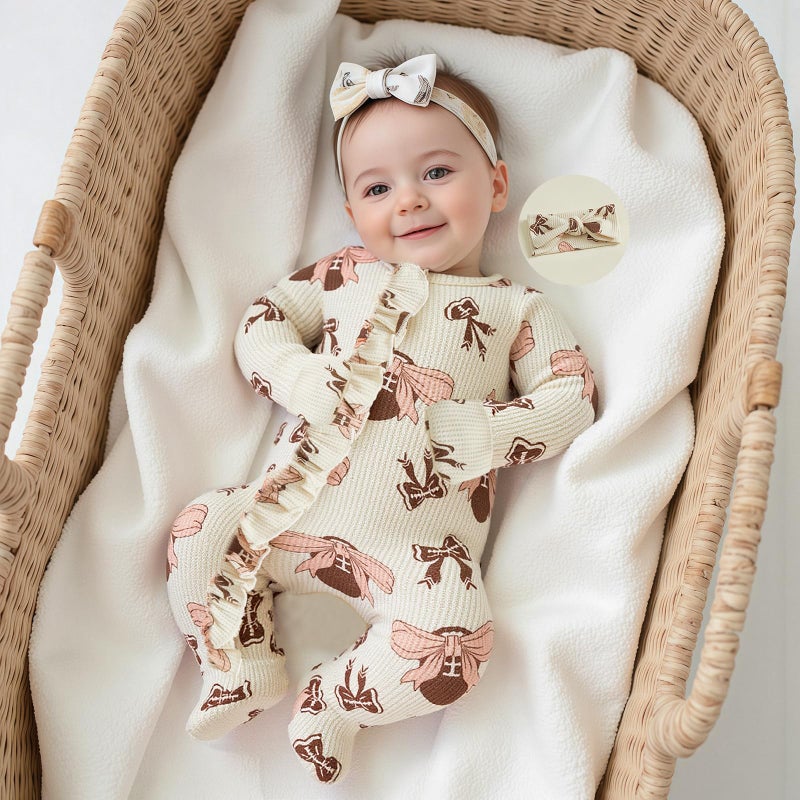 Ayalinggo Newborn Baby Romper Infant Girl One-piece Outfit Waffle Ruffle Zip Footie Spring Summer Clothes With Bow Headband Brown Football Newborn - Image 2